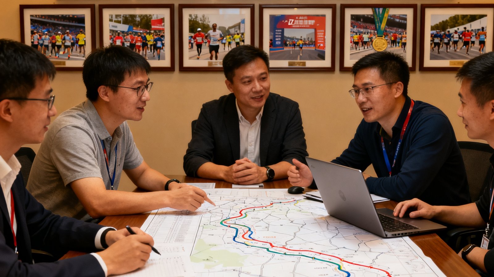 三亿体育赛事策划团队在会议室中围坐在长桌旁，桌上铺满赛事路线图纸和笔记本电脑，团队成员正在热烈讨论马拉松路线规划方案，背景墙上挂着多场大型赛事的完赛奖牌展示框。