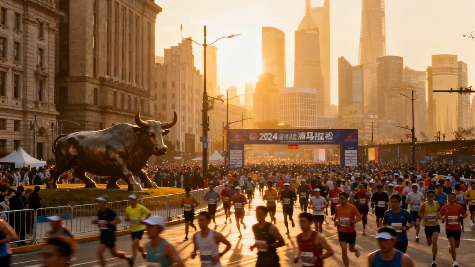 2024年上海马拉松起跑瞬间，数万名选手从外滩金牛广场奔涌而出，清晨的阳光洒在跑者身上，背景是陆家嘴摩天大楼群轮廓。