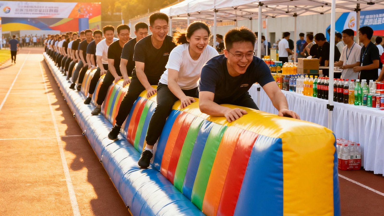 大型企业趣味运动会现场，充气障碍赛道绵延百米，参赛员工正在协力翻越充气墙，场边搭建了白色帐篷作为补给站。