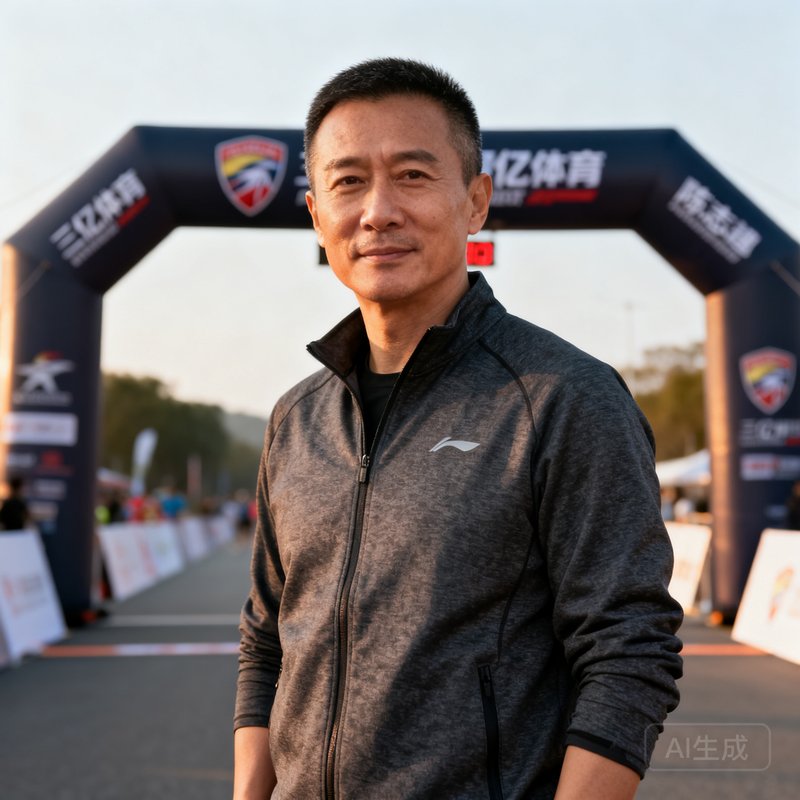三亿体育创始人陈志远，四十岁左右男性，短发，身穿深灰色运动夹克，背景为赛事起跑线拱门。