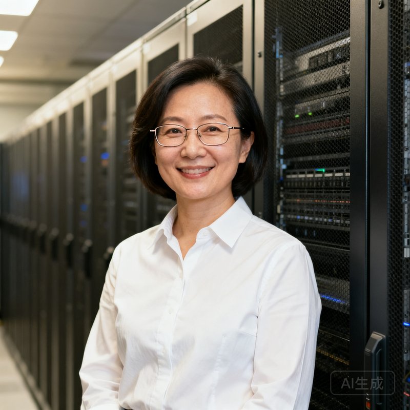 三亿体育首席技术官林晓薇，三十多岁女性，戴细框眼镜，身穿白色衬衫，站在服务器机柜前微笑。